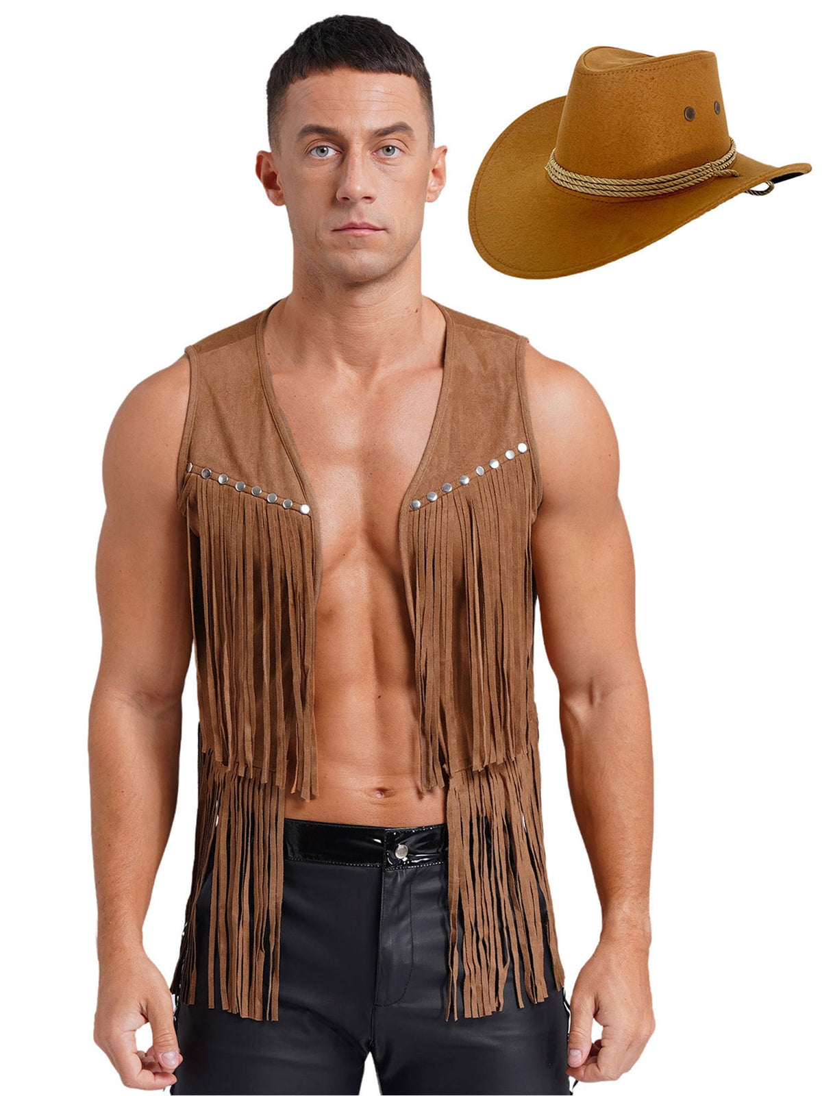TiaoBug Men's Western Cowboy Cosplay Costume Tassel Rivets Waistcoat with Wide Brim Hats Sets Black L