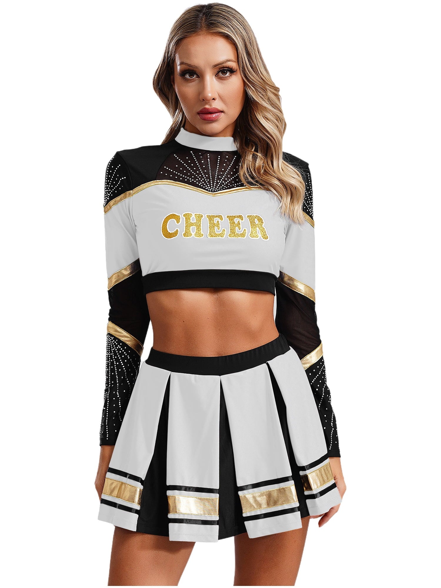 TiaoBug Women Cheer Leader Uniform Dance Cheerleading Costume Long Sleeve Crop Top with Mini Skirt White S