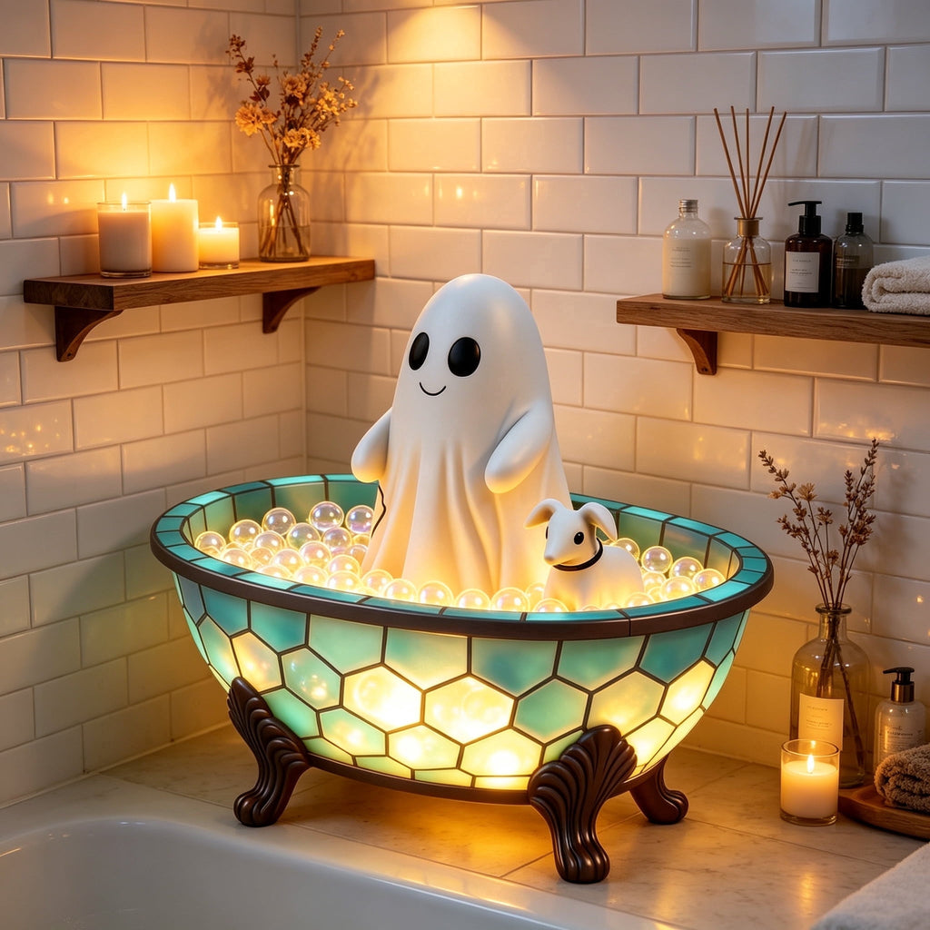 Ghost Bubble Bath LampHalloween Bathroom Decor Gifts Under 20 Bathtub Ghost & Dog Resin Figurine, Warm LED Halloween Tabletop Decor for Bathroom, Bedroom, Kids Room & Fall Home Accent