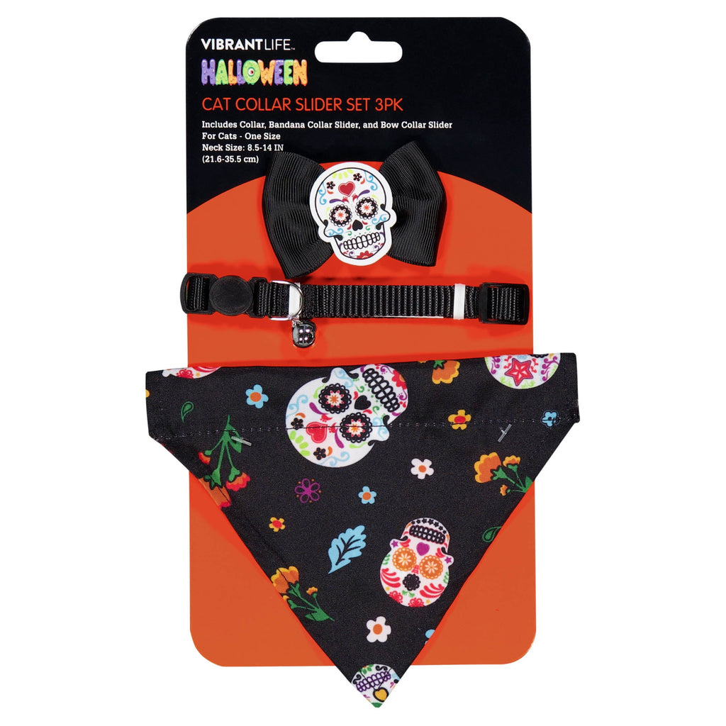 Vibrant Life Halloween Cat Collar Slider Set with Bandana and Bow Tie, Day of the Dead, Black, One Size, 3 Pieces