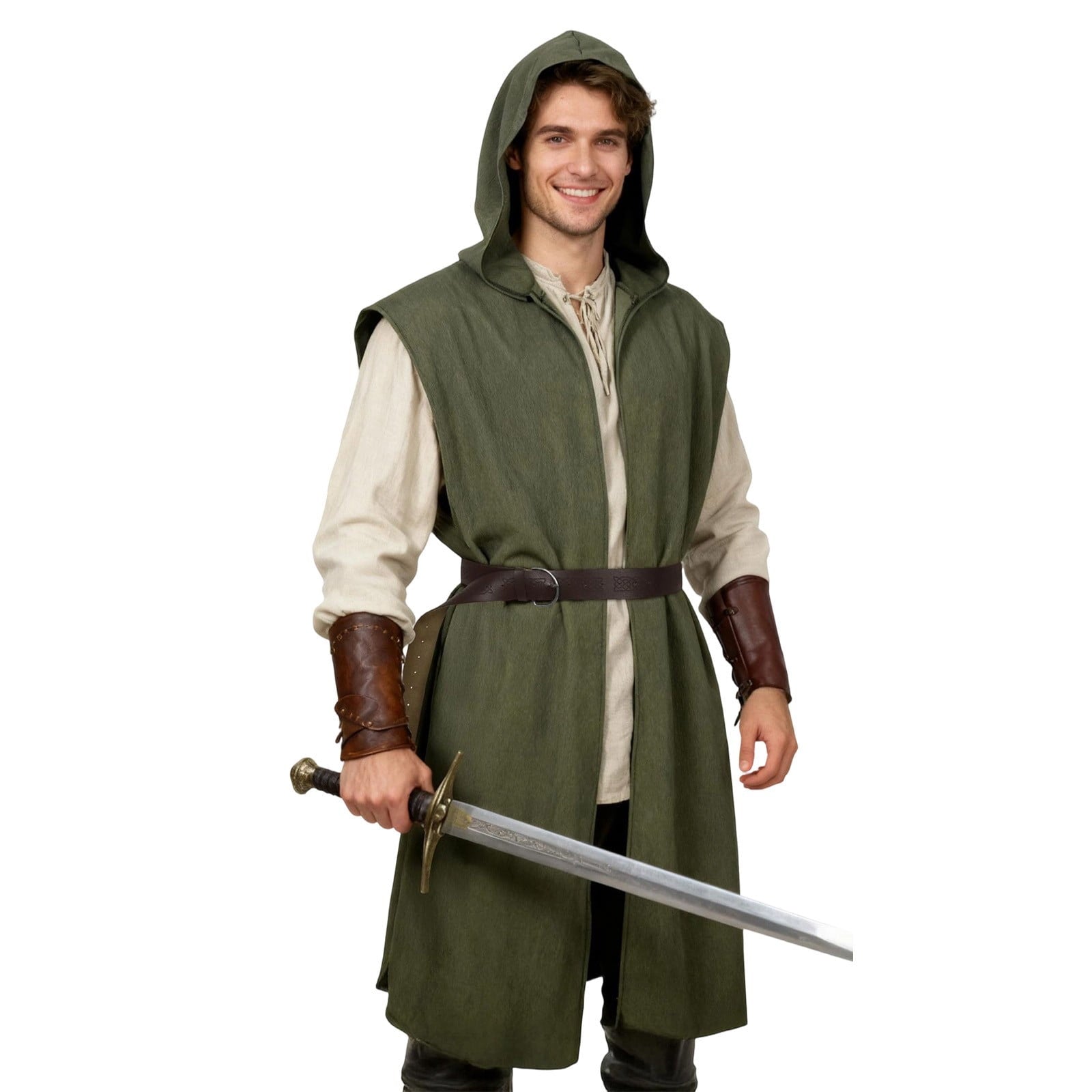Virmaxy Halloween Costume Men's Hooded Sleeveless Tunic Costume with Belt Halloween Loose Fit Renaissance Medieval Party Cosplay Fighter Outfit Army Green