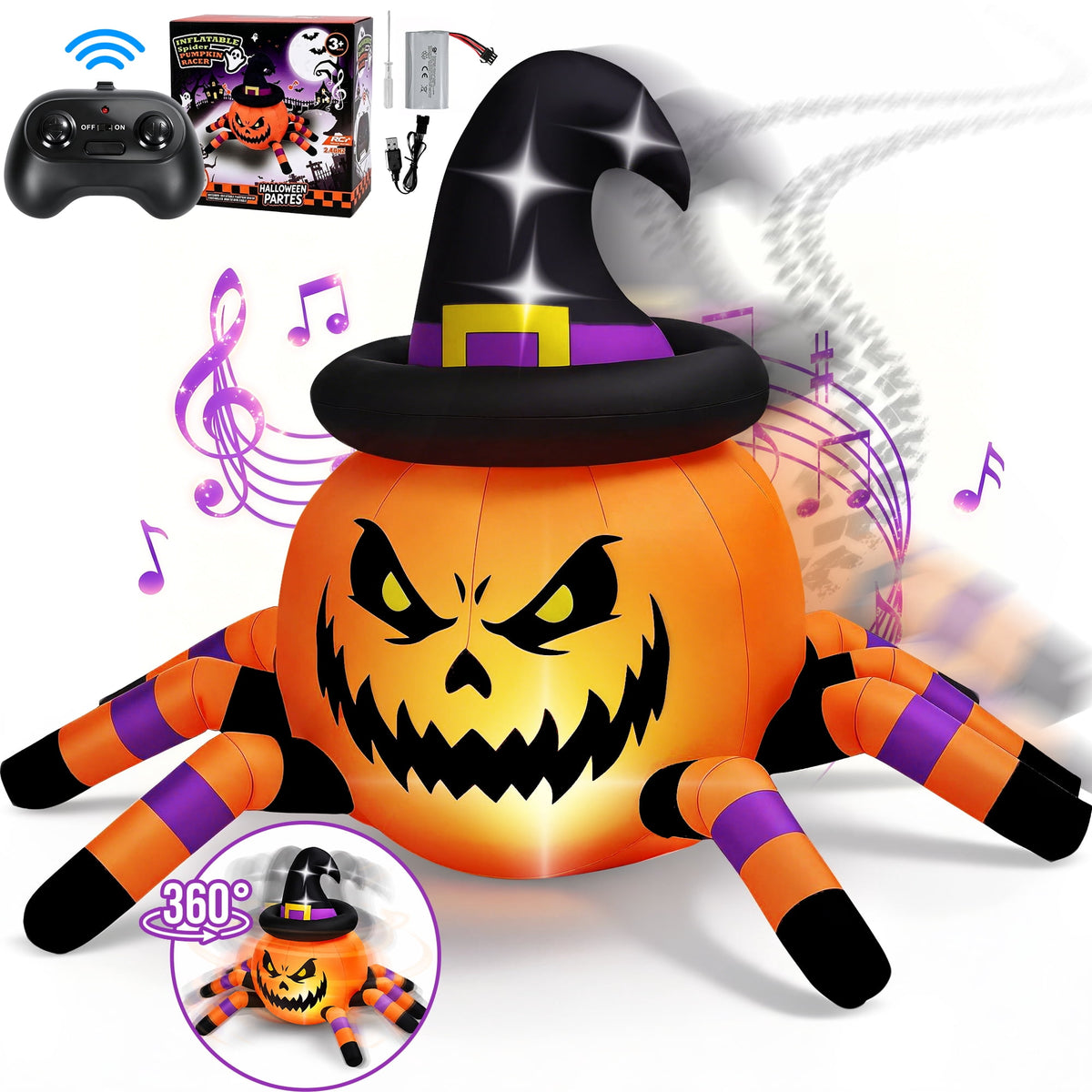 Firstness 2.6ft Remote Control Halloween Inflatable with Music Lights,Pumpkin Spider Car Blow ups Rc Car,Indoor Outdoor Decorations