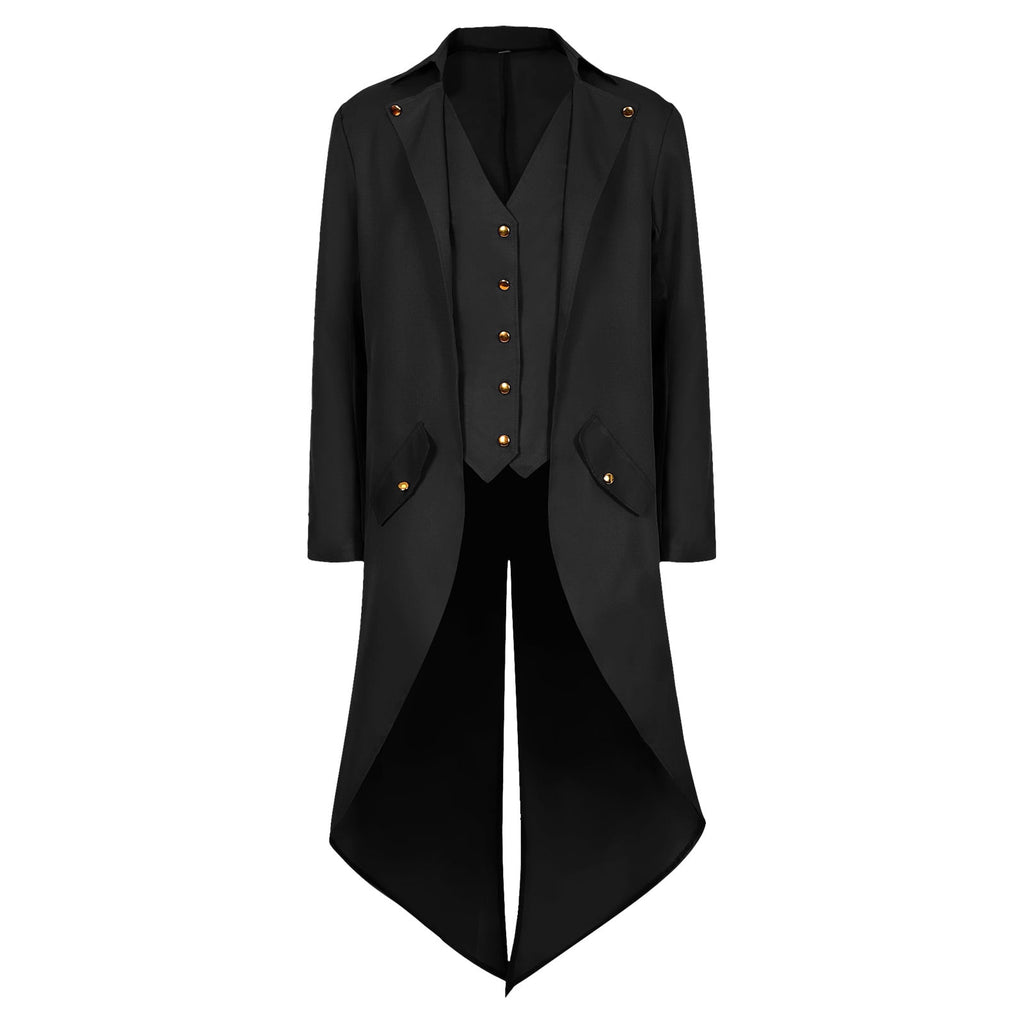 WASFDN Medieval Halloween Costumes Men's Gothic Steampunk Tailcoat Men's Medieval Victorian Jacket For Carnival Masquerade Costume,Black,XL