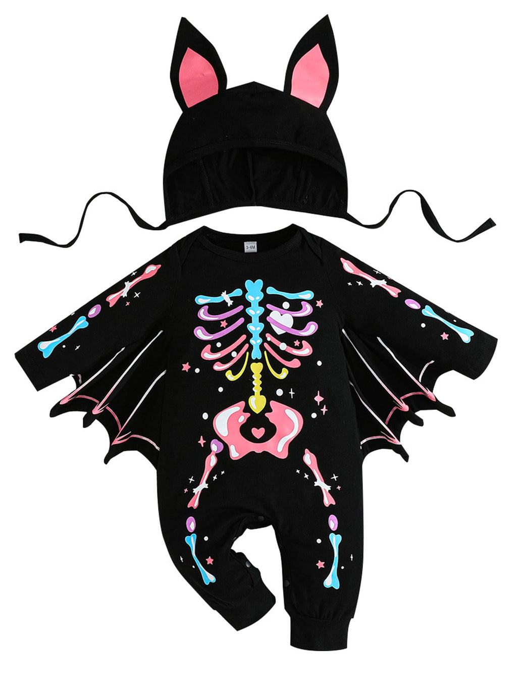 WIBACKER Baby Girl Boy Skeleton Jumpsuit Ear Hat 2PCS Outfit 3 Months-3 Years Infant Toddler Halloween Bats Costumes with Wings Cosplay Clothes