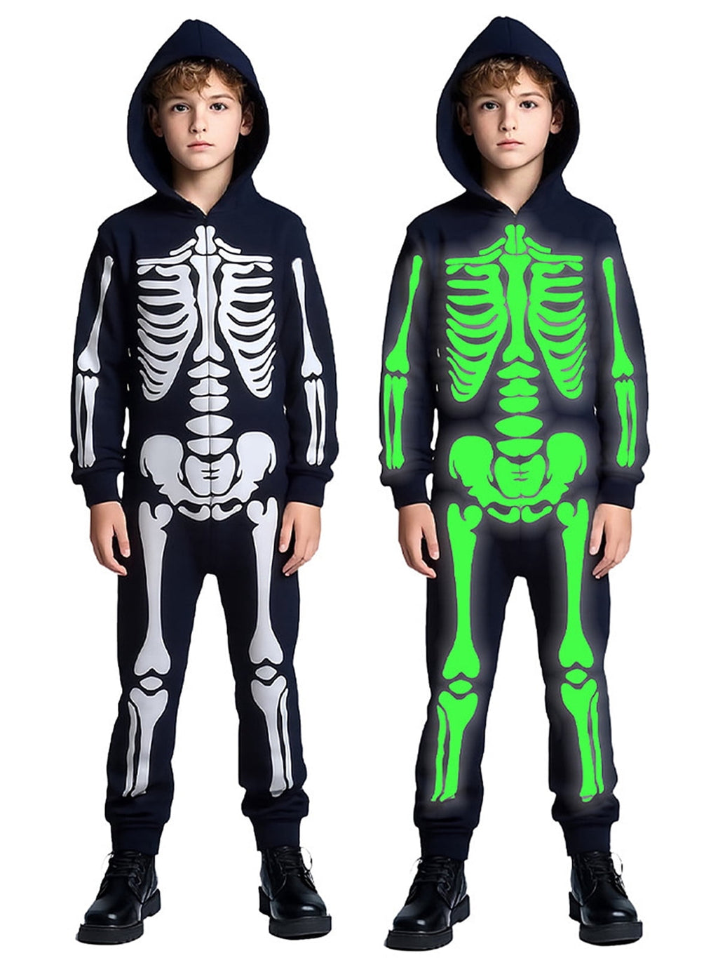 WIBACKER Glow-in-the-Dark Skeleton Costume for Boys and Girls, Halloween Fancy-Dress Jumpsuit Outfit for Children Aged 3-10 Years