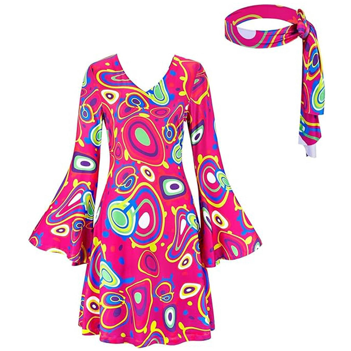 Wensltd 70s Disco Outfit Women Halloween Dress Costume Hippie Clothes Long Sleeve V Neck