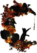Wiher Halloween Wreaths with Lights for Front Door, 13.77" Halloween Moon Wreath with Black Cat Wood Wreath Halloween Wreath Horror Decorations for Home Party Window Wall Indoor Outdoor C