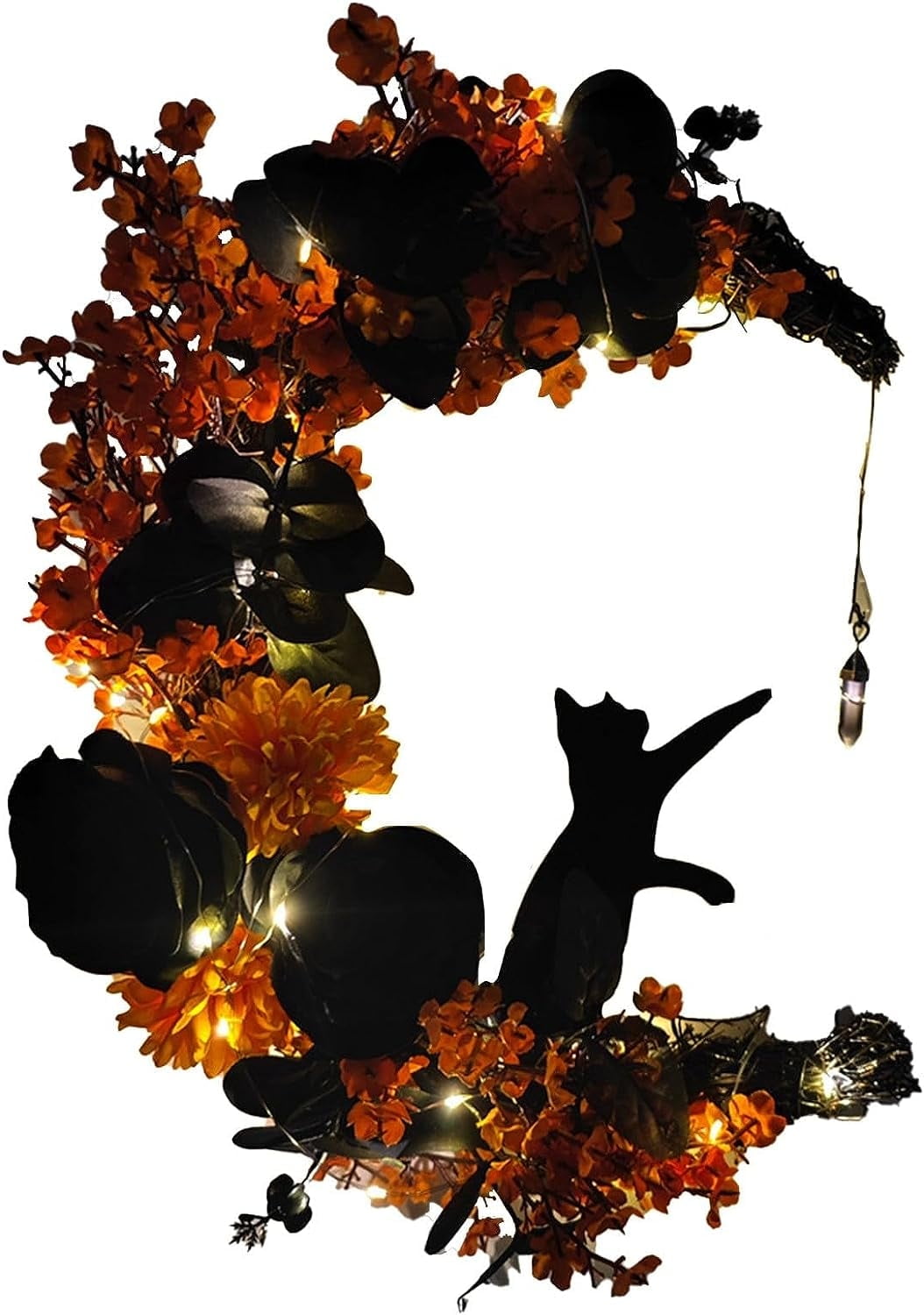 Wiher Halloween Wreaths with Lights for Front Door, 13.77" Halloween Moon Wreath with Black Cat Wood Wreath Halloween Wreath Horror Decorations for Home Party Window Wall Indoor Outdoor C