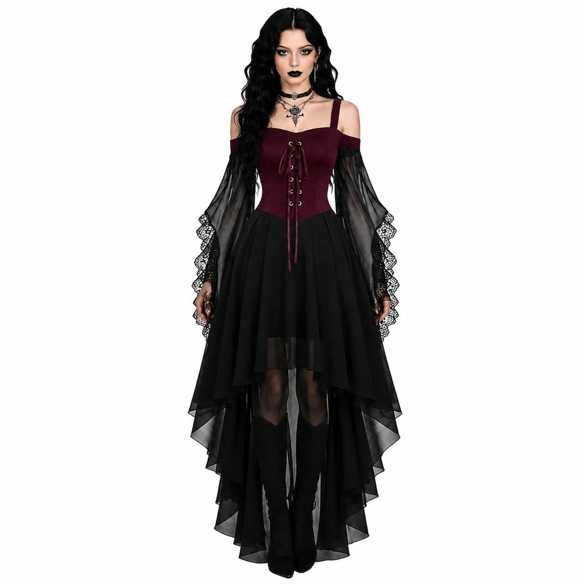 Witch Dress Women 2026 Halloween Costumes Woman Adults Medieval Vampire Butterfly Sleeve Mesh Gothic Outfits Red S