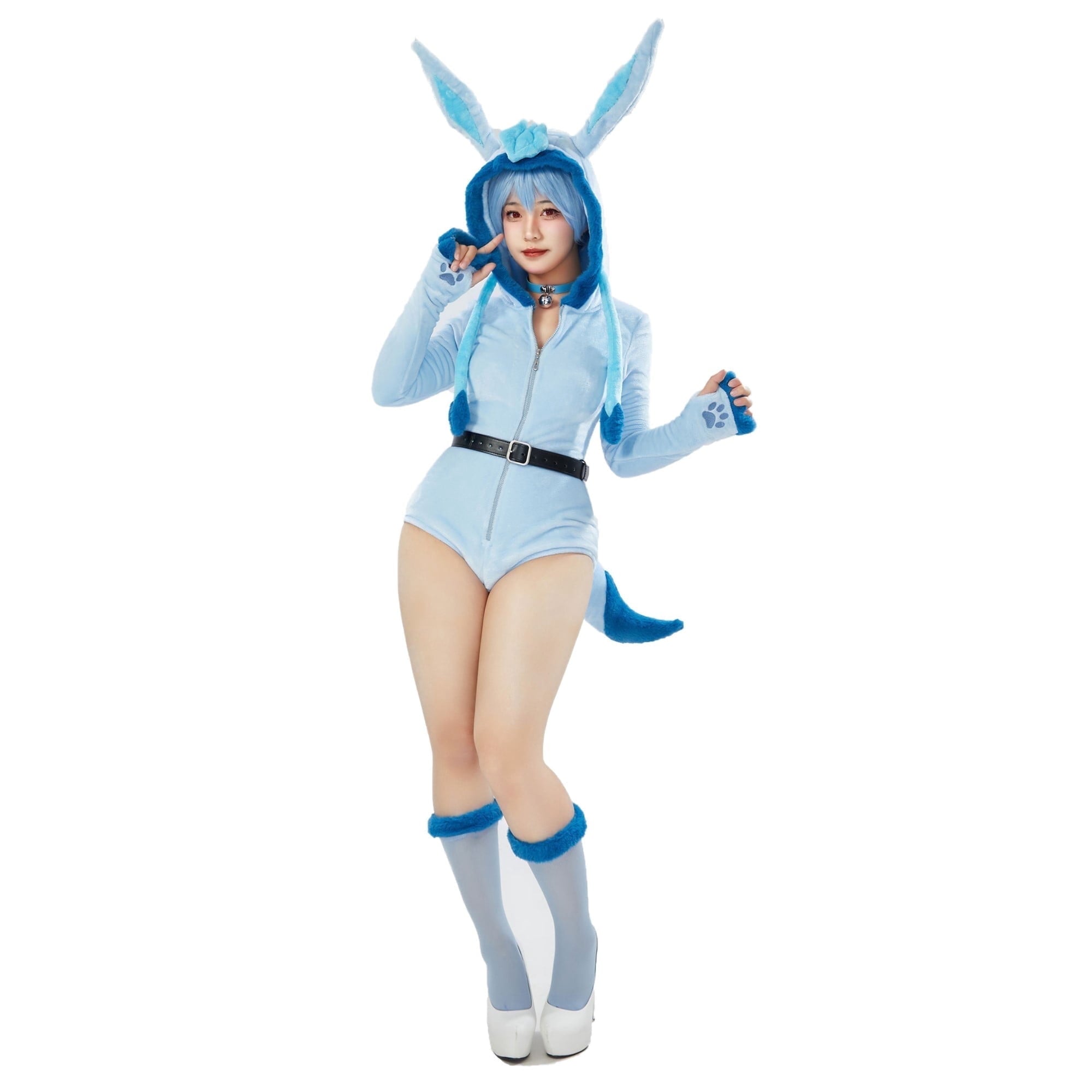 Women sexy Fluffy Hooded Bodysuit Halloween Deep V Kawaii One Piece Lingerie Rompers with Choker and Socks