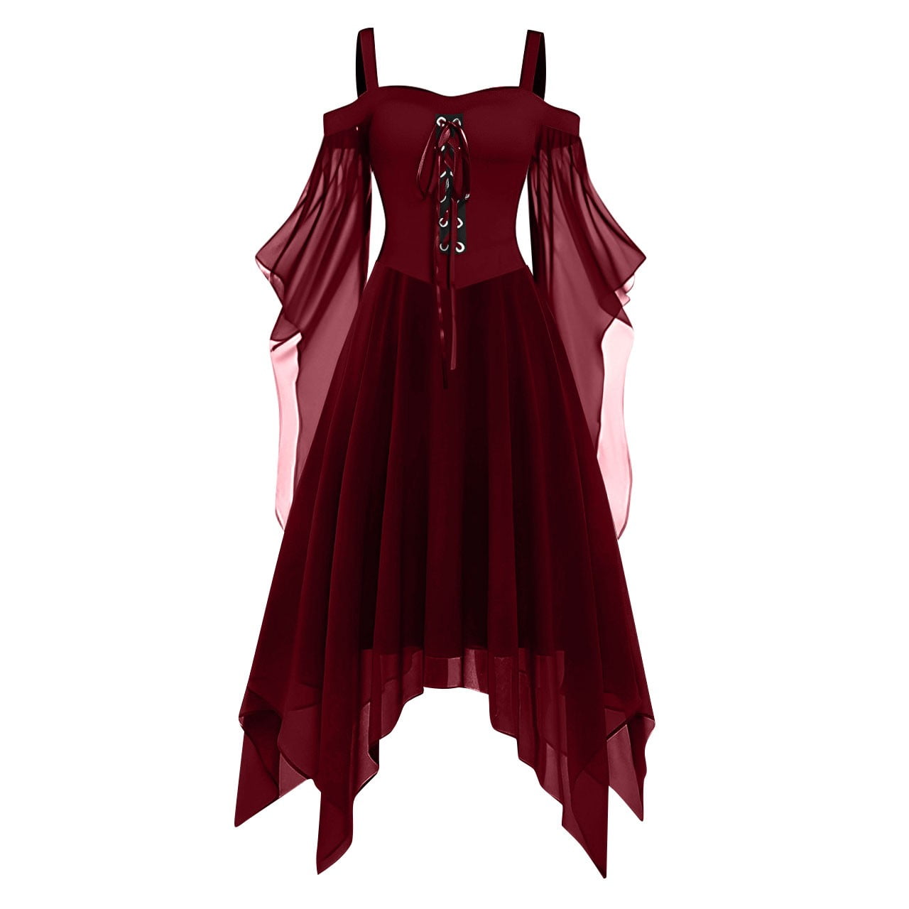 Women Gothic Cold Shoulder Midi Dress, Sheer Flare Bell Sleeve Front Corset Irregular Witch Costume Dress, Adult Halloween Dark Aesthetic Vintage Formal Evening Cosplay Party Outfit(Navy-2/M)