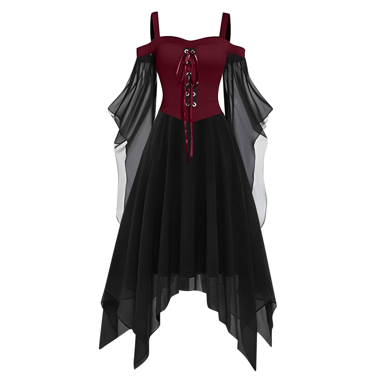 Medieval Renaissance Hooded Dress for Women, Silver Gothic Witch Costume with Lace-Up Corset, Vintage Velvet Long Sleeve Gown for Halloween Cosplay Renaissance Wedding Themed Party-Dark Blue/L