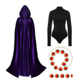 Women's Halloween Cosplay Costume Purple Hooded Cloak Cape Long Sleeve Bodysuits with Adjustable Red Gem Waist Belt