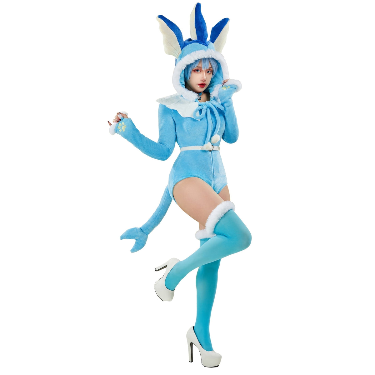 Women sexy Fluffy Hooded Bodysuit Halloween Deep V Kawaii One Piece Lingerie Rompers with Choker and Socks