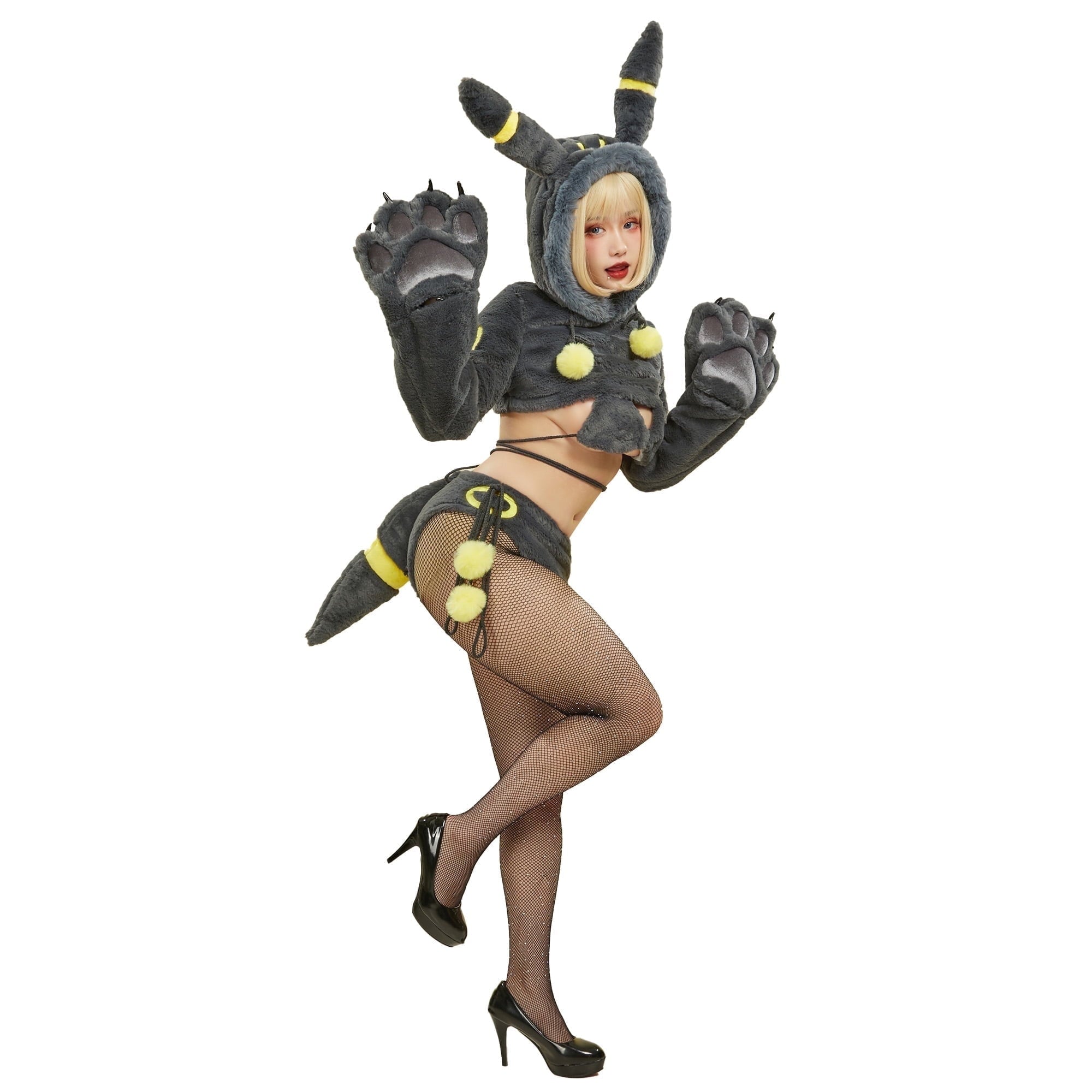 Women sexy Fluffy Hooded Bodysuit Halloween Deep V Kawaii One Piece Lingerie Rompers with Choker and Socks