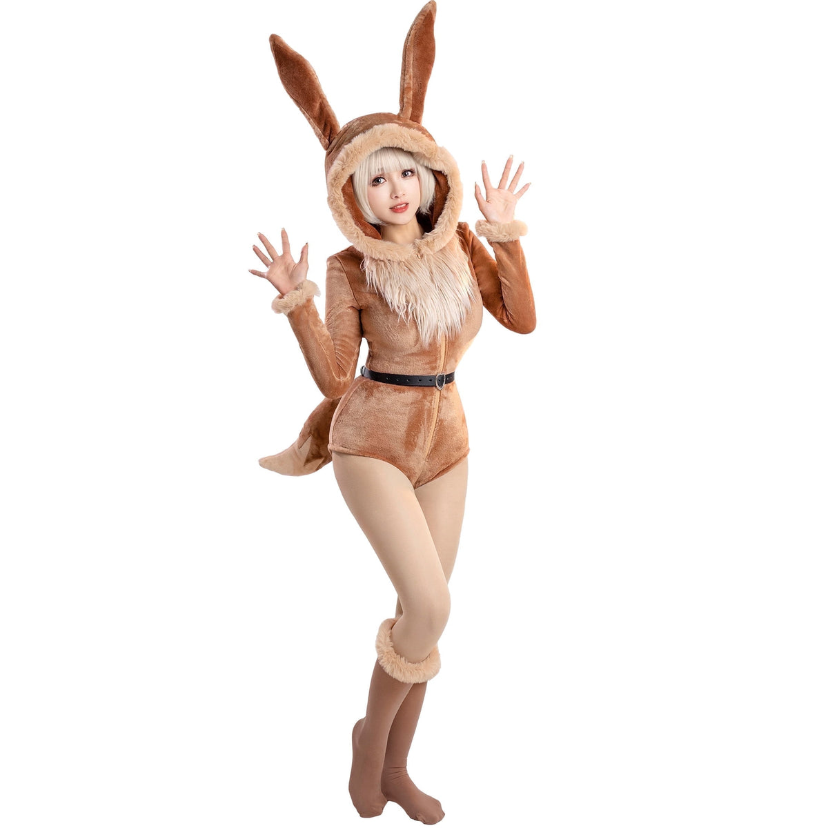 Women sexy Fluffy Hooded Bodysuit Halloween Deep V Kawaii One Piece Lingerie Rompers with Choker and Socks