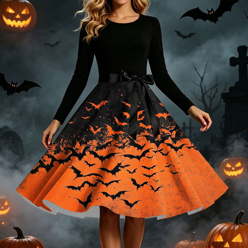 Women's Vintage Halloween Bat Print Swing Dress Long Sleeve 1950s Retro A-Line Midi Dresses with Satin Sash Belt for Gothic Cosplay Evening Prom Party