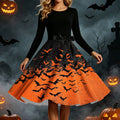 Women's Vintage Halloween Bat Print Swing Dress Long Sleeve 1950s Retro A-Line Midi Dresses with Satin Sash Belt for Gothic Cosplay Evening Prom Party