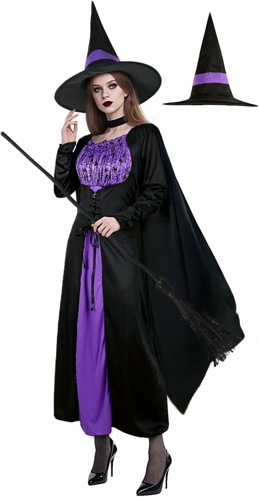 Women's Witch Costume Halloween Gothic Witch Dress with Witches Cape and Wicked Witches Hat