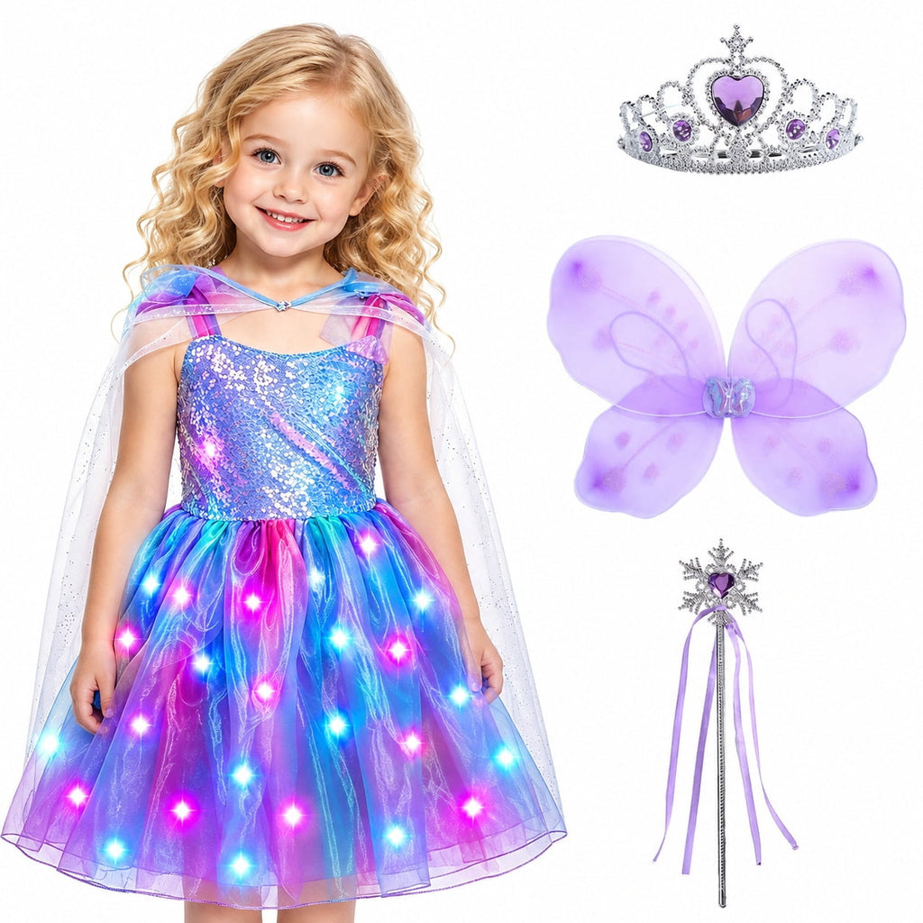 WonderStone Princess Dress for Girls, Light-Up Fairy Costume Dress-Up with Luxury Accessories, Purple Tutu Outfit for Birthday Parties, Kids & Toddlers Ages 5-6