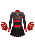 YEAHDOR Cheer Team Uniform for Schoolgirls Cheerleading Outfit Carnival Masquerade Costume Dress with Hand Flower Balls Black&Red 14
