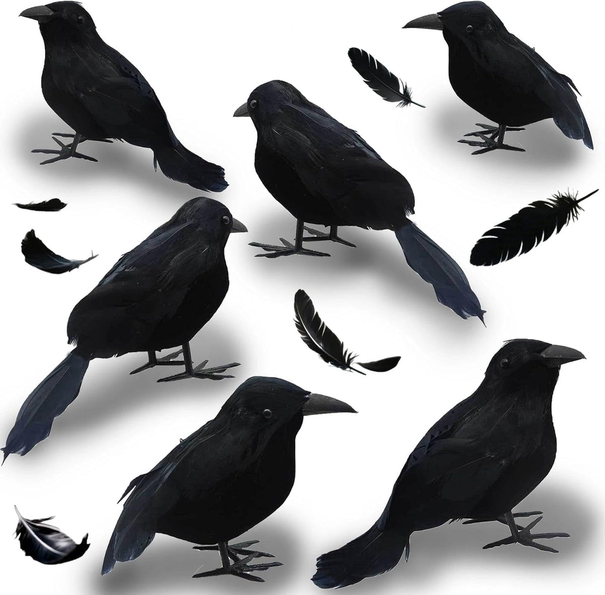 Yanxiao 6PCS Halloween Black Crows Decorations, Realistic Foam Halloween Handmade Black Feathered Crows with Fixable Legs, Halloween Gothic Ornaments for Table Centerpieces, Party, Indoor & Outdoor