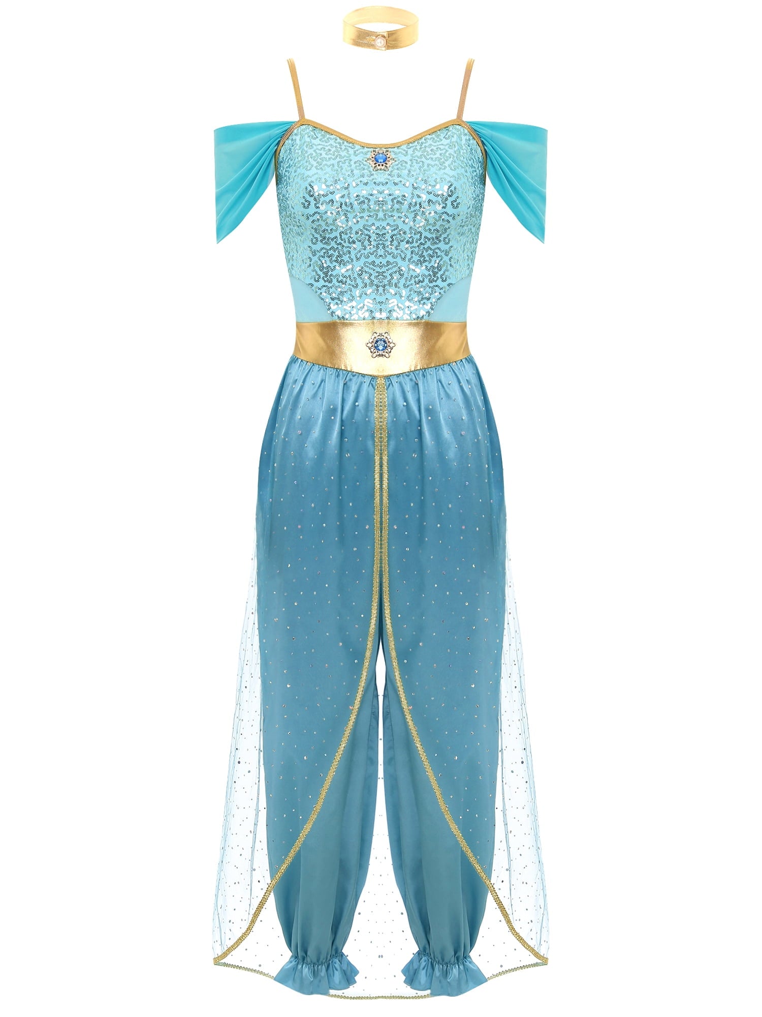 YiZYiF Women's Arabian Princess Dance Costume Halloween Party Fancy Dress Shiny Belly Dance Jumpsuit Turquoise B M