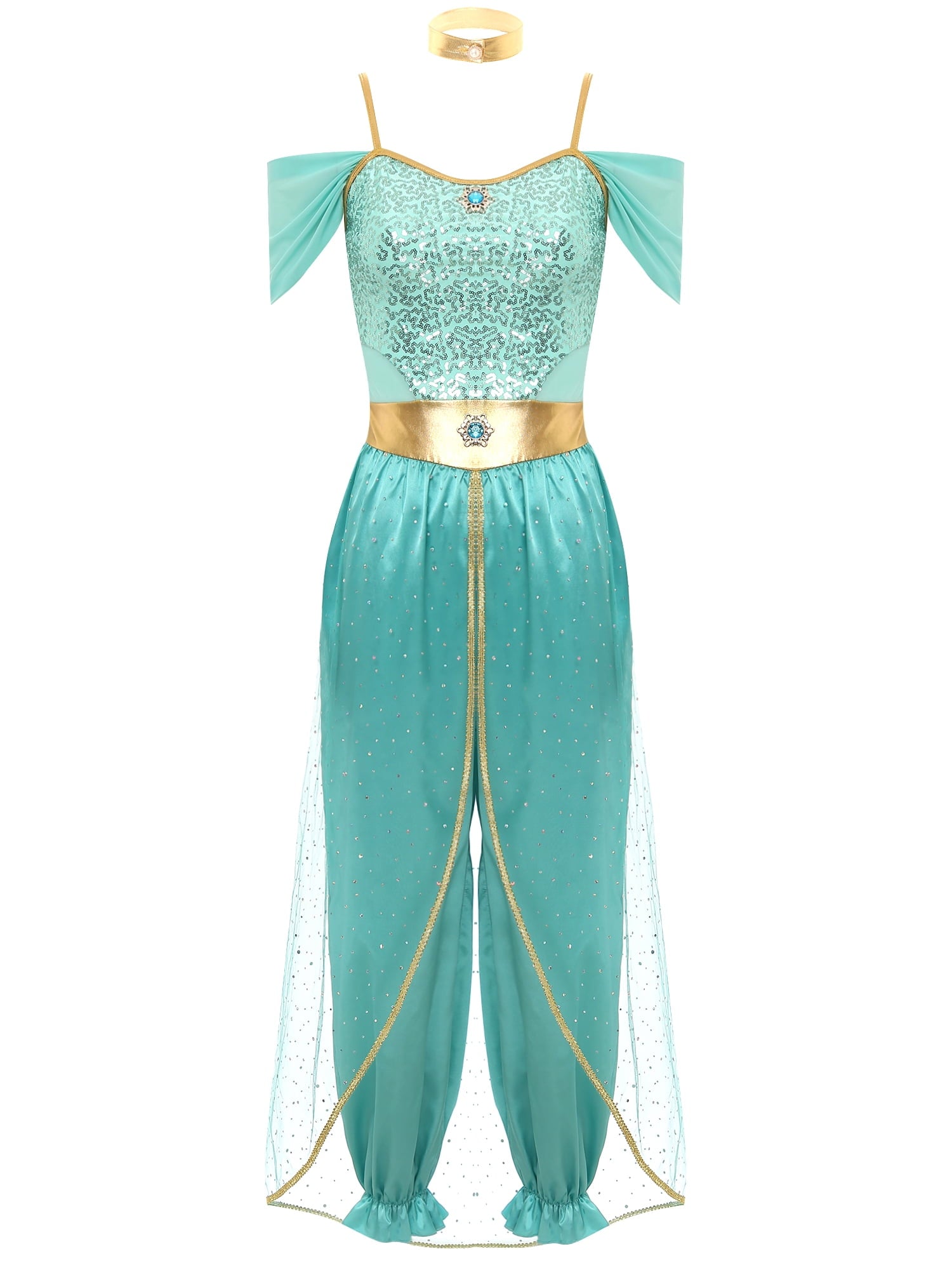 YiZYiF Women's Arabian Princess Dance Costume Halloween Party Fancy Dress Shiny Belly Dance Jumpsuit Turquoise B M