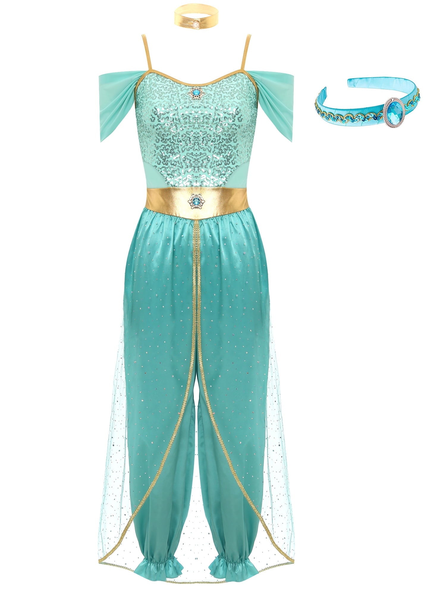 YiZYiF Women's Arabian Princess Dance Costume Halloween Party Fancy Dress Shiny Belly Dance Jumpsuit Turquoise B 4XL