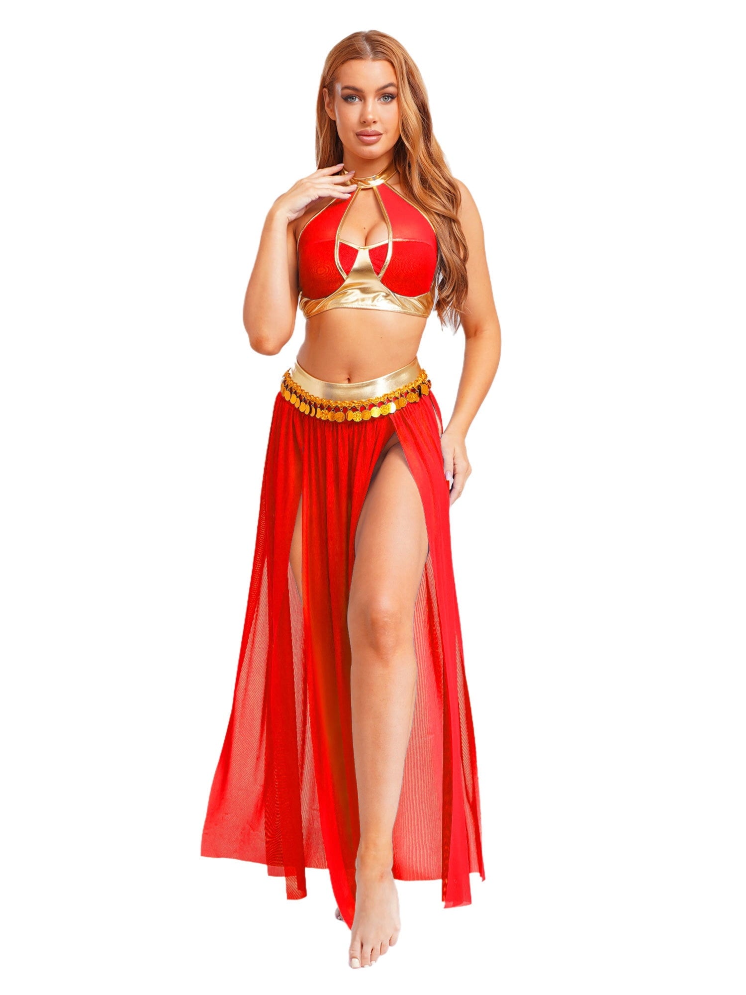 YiZYiF Women's Belly Dance Costume Halter Crop Top with Sequin Tassel Split Mesh Long Skirt 2Pcs Set Red A S