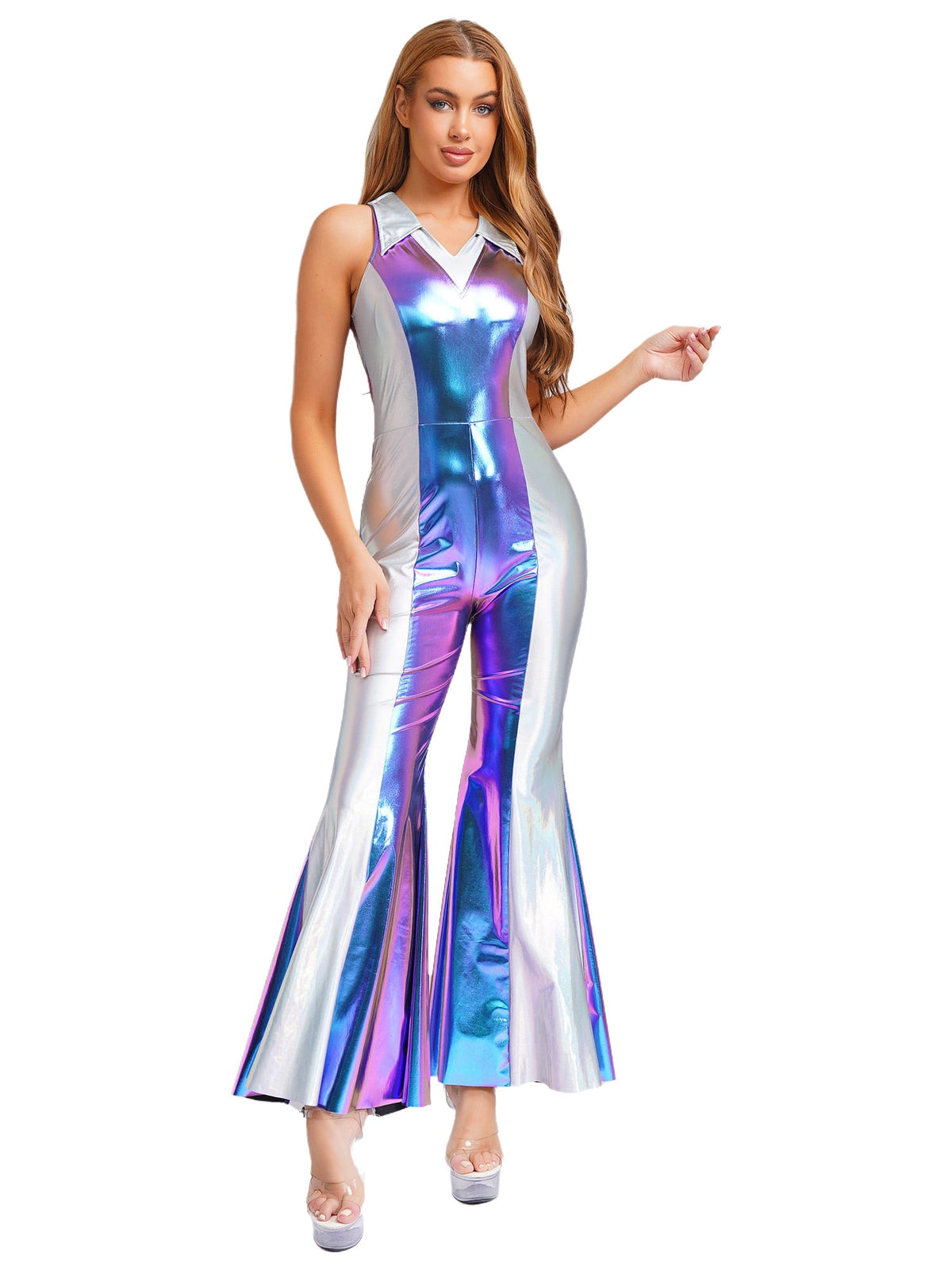 YiZYiF Womens 70s 80s Disco Costume Shiny Metallic Flared Pants Jumpsuit for Dance Party Halloween Gold S