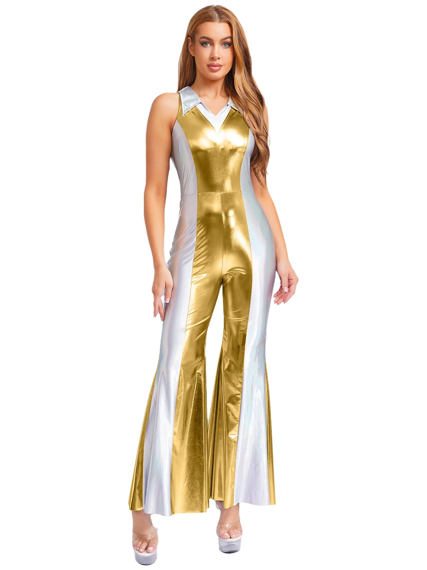YiZYiF Womens 70s 80s Disco Costume Shiny Metallic Flared Pants Jumpsuit for Dance Party Halloween Gold S
