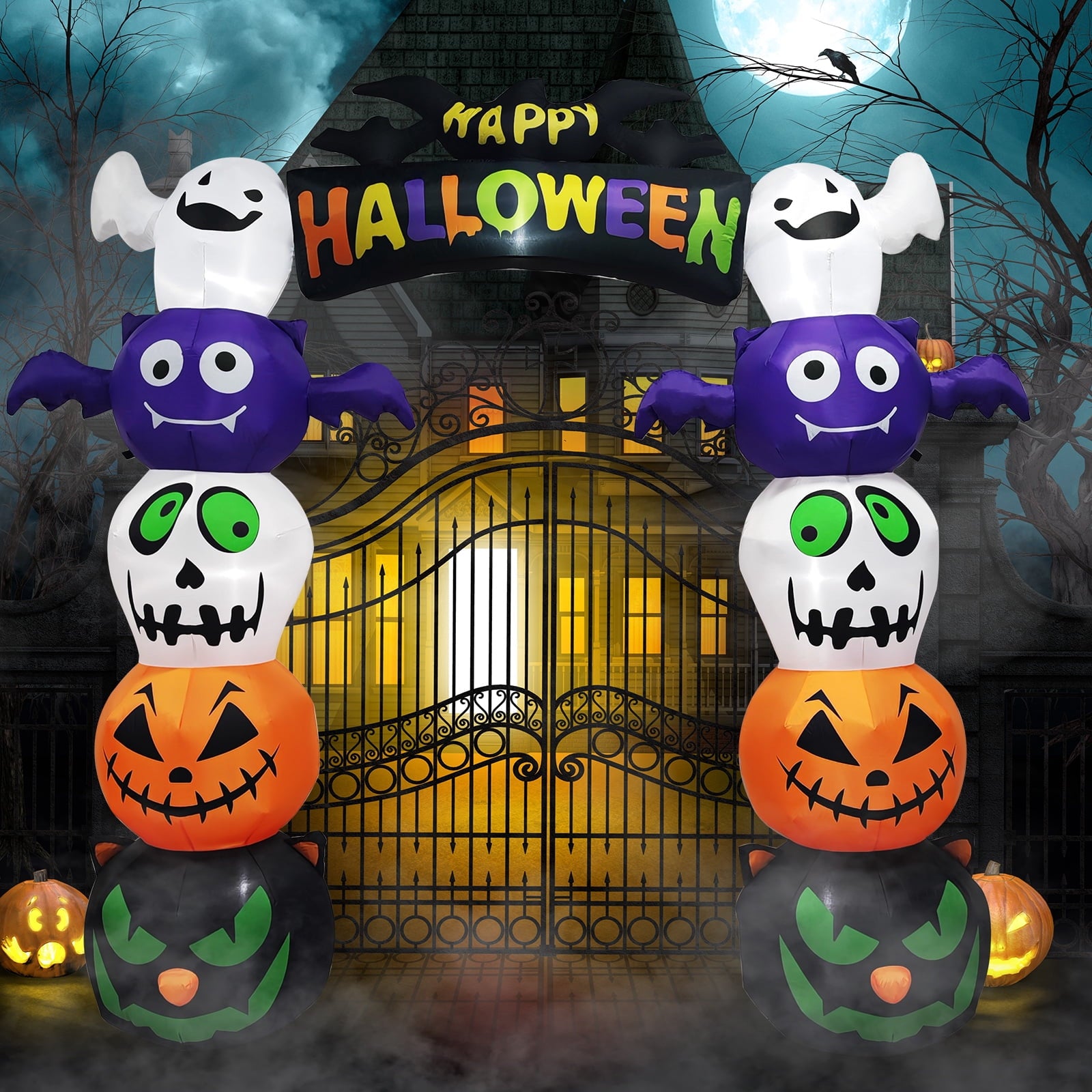 Zimtown 8.5 FT Halloween Inflatables Arch w/ Ghost,Pumpkins,Black Cats Head Outdoor Halloween Decoration