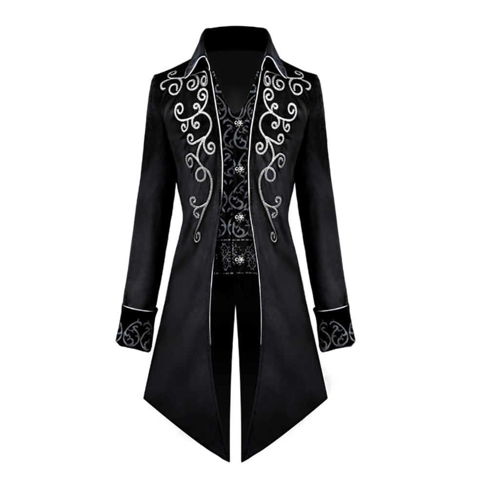 IBTOM CASTLE Men's Steampunk Vintage Tailcoat Jacket Gothic Medieval Victorian Frock Button Down Swallow Coat Uniform L Blue & Gold