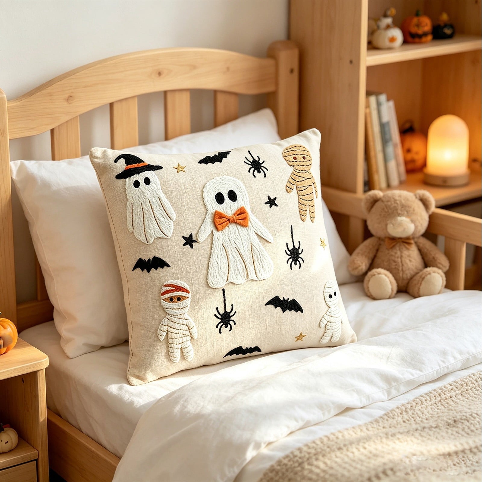 Yeciiwht Halloween Throw Pillow Cover – 18*18inch Embroidered Linen Cushion Case with Ghost, Mummy & Bat Designs, Invisible Zipper, Machine Washable