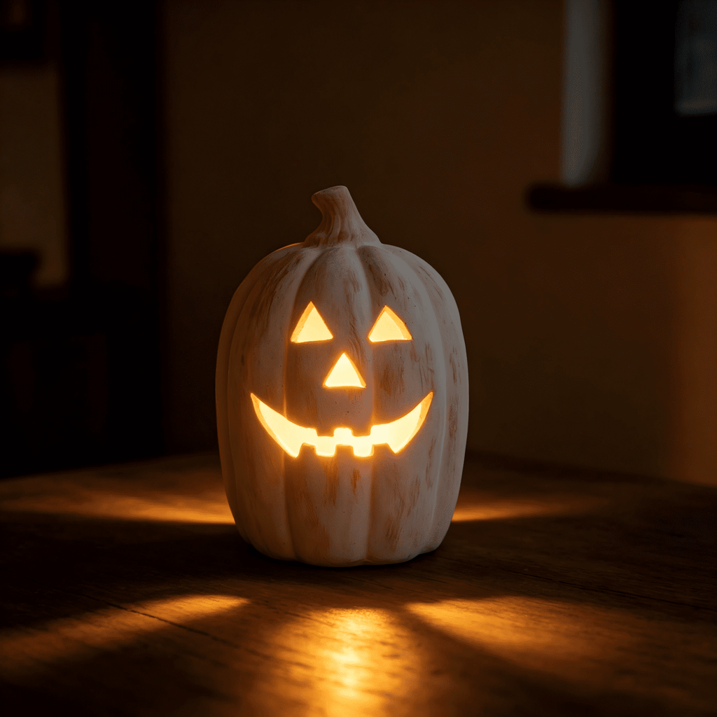 Fall Decorations for Home - Halloween Decor Indoor - 7.87" H White Handmade Resin Pumpkin Jack O' Lantern with Flameless Candle - Outdoor Decoration for Front Door Porch Mantel Kitchen Living Room
