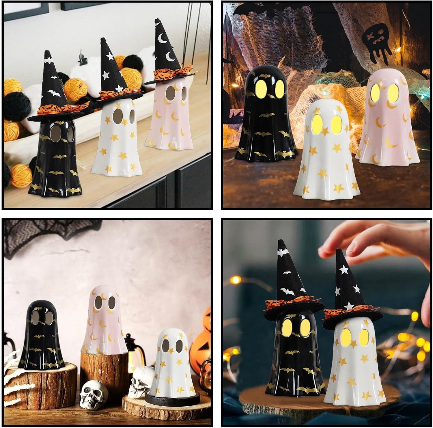 3Pcs Ceramic Ghost Figurines with Witch Hats Halloween Table Decor Set for Mantel Shelf Centerpiece Gift