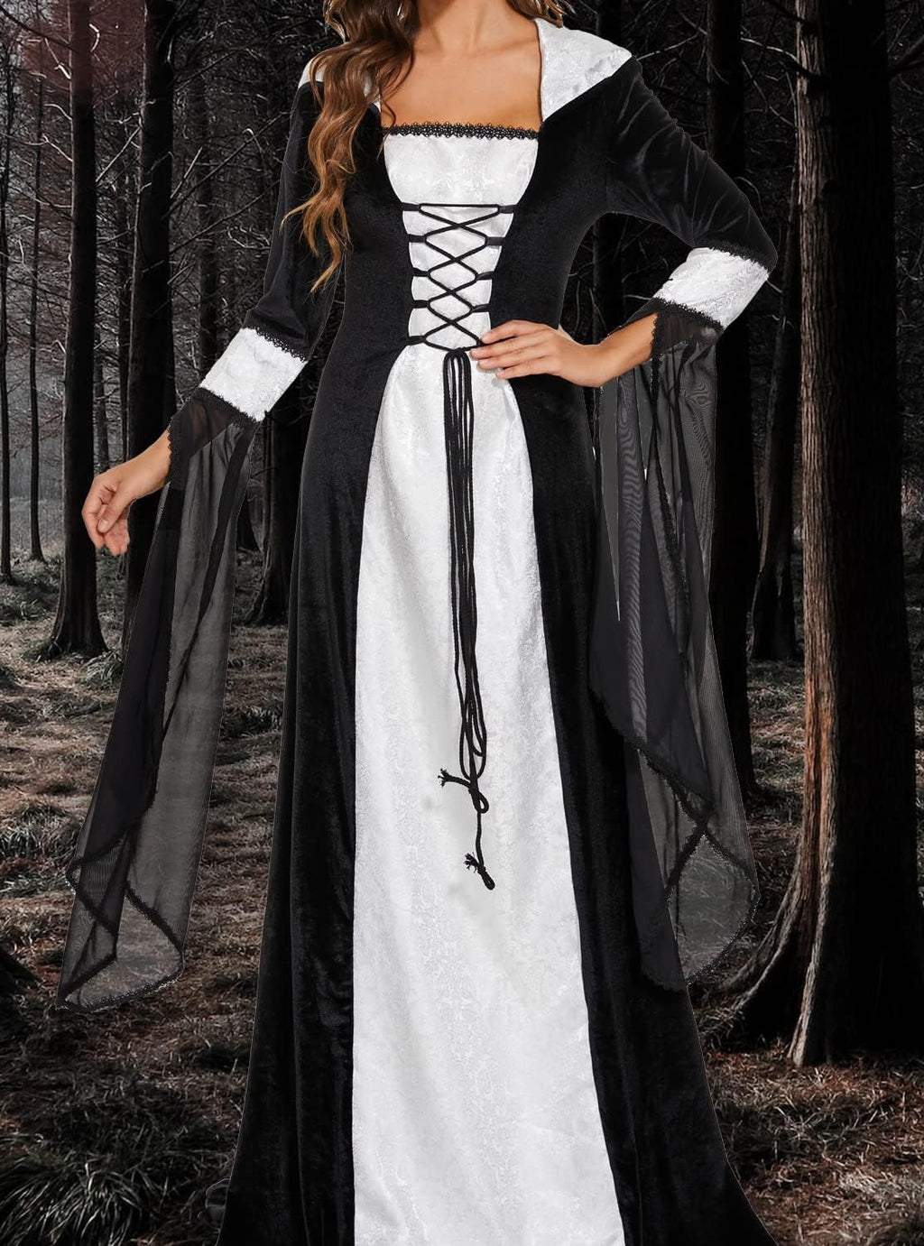 Halloween Witch Costume Women, Deluxe Witch Dress Costume, Vintage Embroidered Renaissance Gothic Hooded Vampire Gown Dress Cosplay Costumes Black M