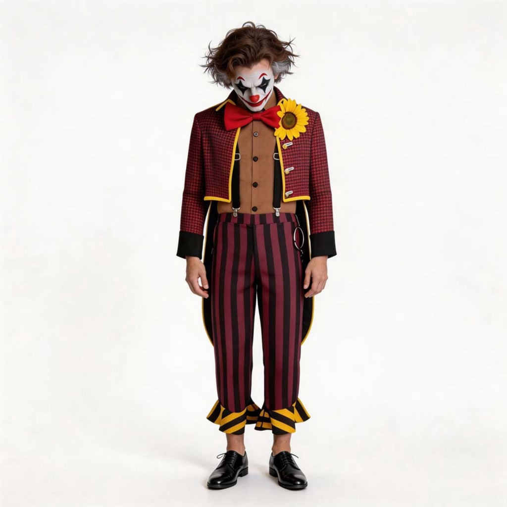 Men Halloween Circus Clown Costume Set Checked Jacket Striped Pants Vintage Jester Carnival Performer Cosplay Outfit
