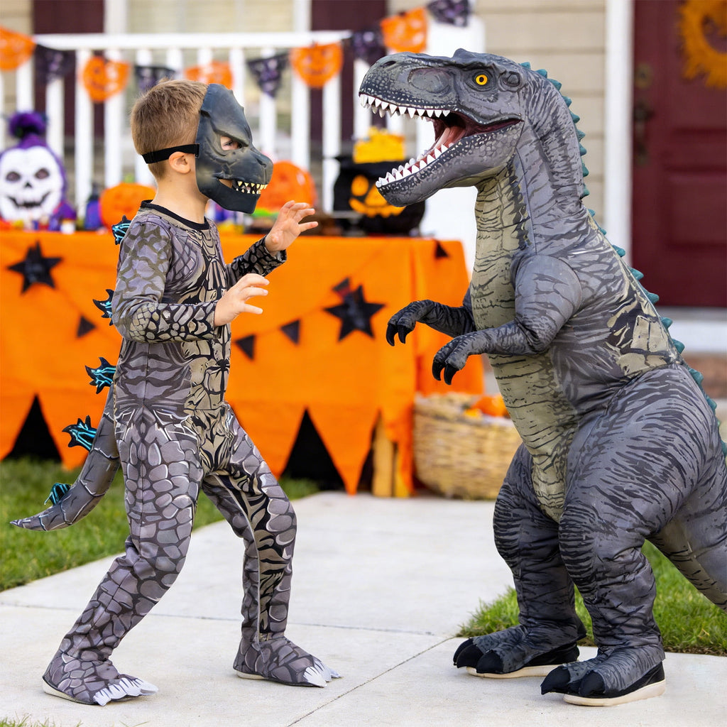 Pigmiss Kids Dinosaur Costume, Full Body Raptor Dino Suit with Mask and Tail, Halloween Cosplay Outfit for Boys Girls Party Dress Up