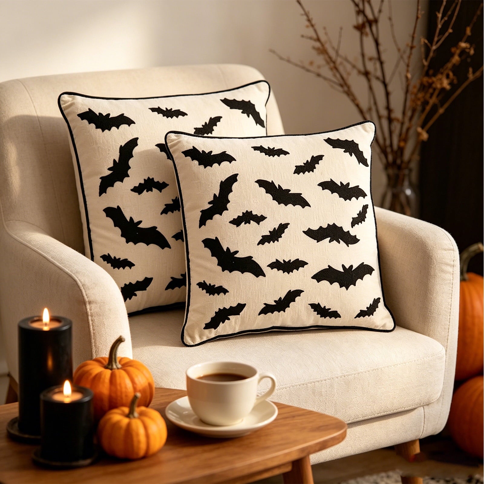 Yeciiwht Halloween Throw Pillow Cover – 18*18inch Embroidered Linen Cushion Case with Ghost, Mummy & Bat Designs, Invisible Zipper, Machine Washable