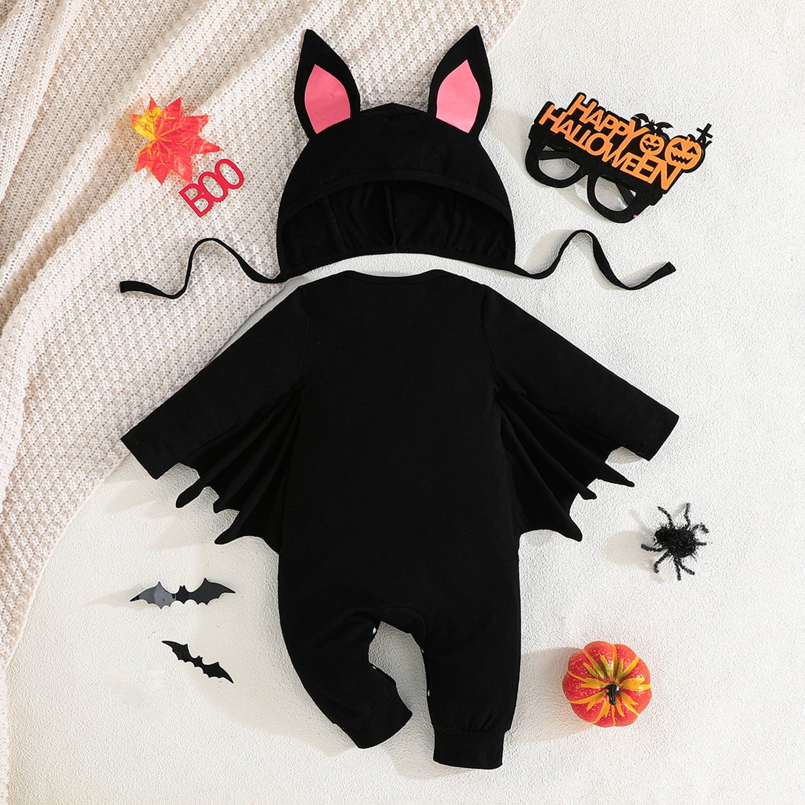 WIBACKER Baby Girl Boy Skeleton Jumpsuit Ear Hat 2PCS Outfit 3 Months-3 Years Infant Toddler Halloween Bats Costumes with Wings Cosplay Clothes