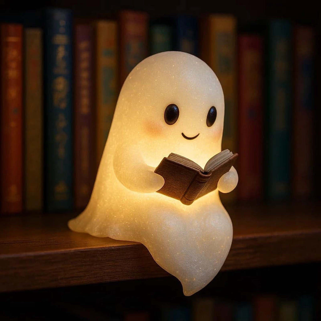 Fwttom Ghost Night Light, Halloween Lights Cute Ghost Reading Book Lamp, Halloween Decorations Indoor Light Up Ghost Statue Ghost Light for House Mantel Bedside