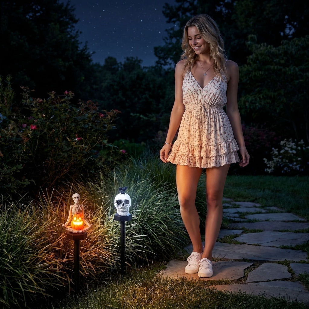 Halloween Skull Solar Garden Stake Light, Resin Skull Solar Outdoor Light for Yard and Garden, Spooky Decorative Stake Lighting for Halloween Courtyard and Lawn Decor 15.35*2.36Inch,1PC