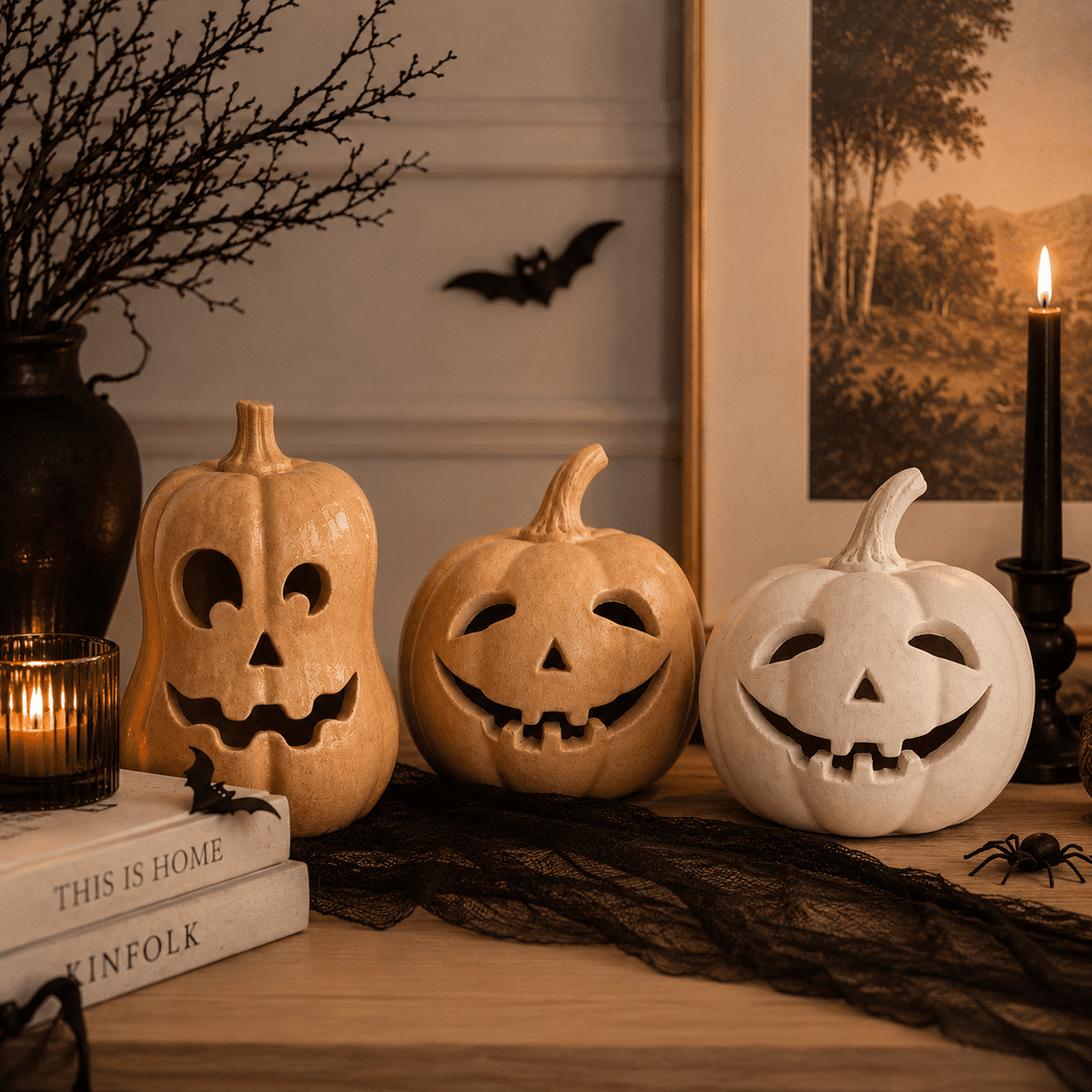 Halloween Handcrafted Jack-O'-Lantern, 5.5" Hand-Carved Pumpkin Decor, Durable Kiln-Fired Autumn Halloween Centerpiece for Indoor Tabletop, Mantle & Fall Home Decoration 2026
