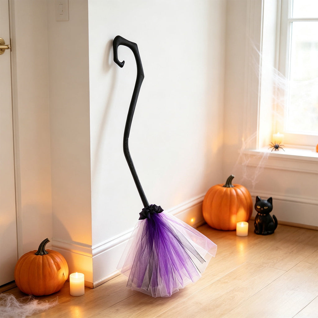 Halloween Witch Broom Cane with Ribbons, 38.2" Witches Broomstick for Wizard Costume Party, Photo Booth Accessory Stage Prop, Halloween Decoration, D