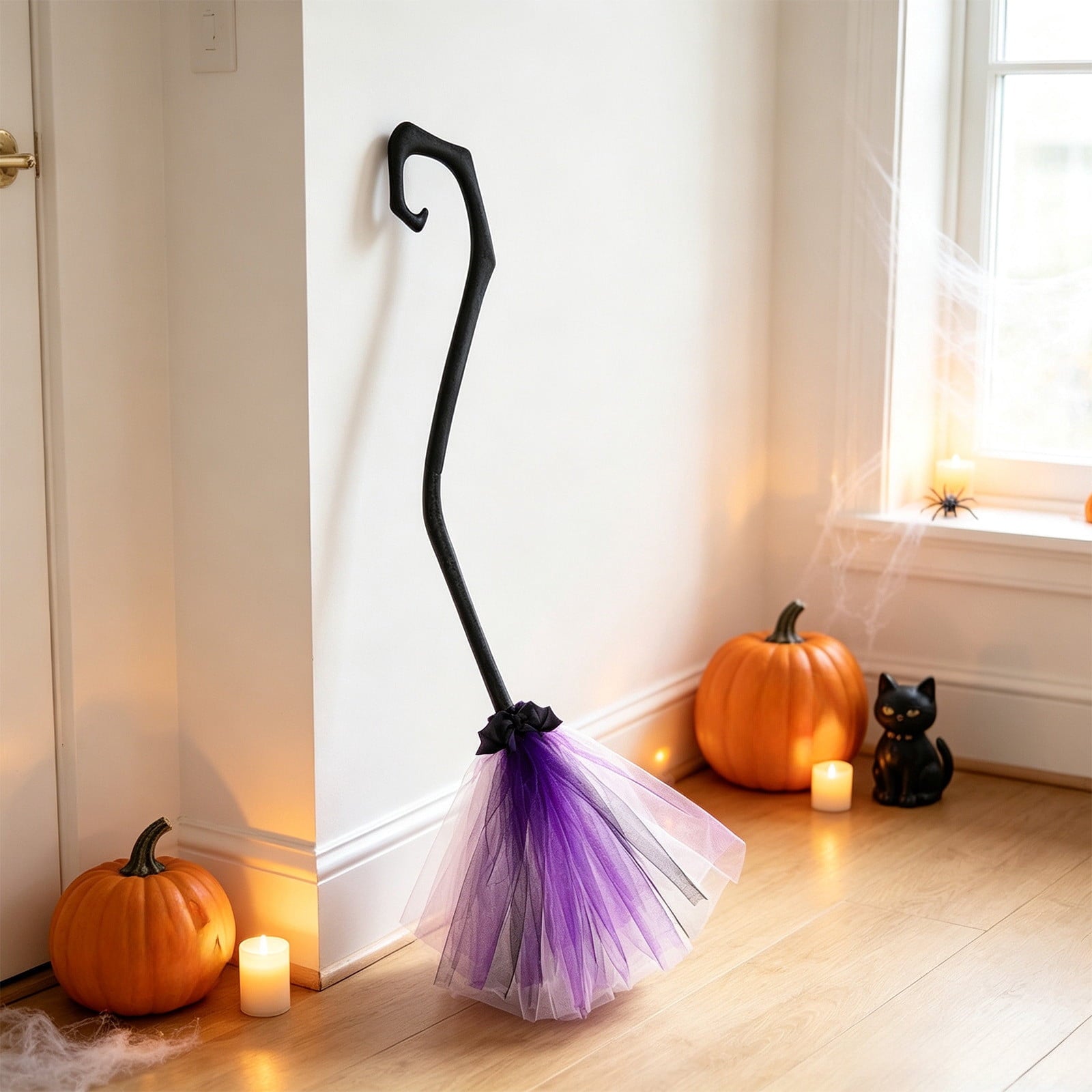 Halloween Witch Broom Cane with Ribbons, 38.2" Witches Broomstick for Wizard Costume Party, Photo Booth Accessory Stage Prop, Halloween Decoration, D