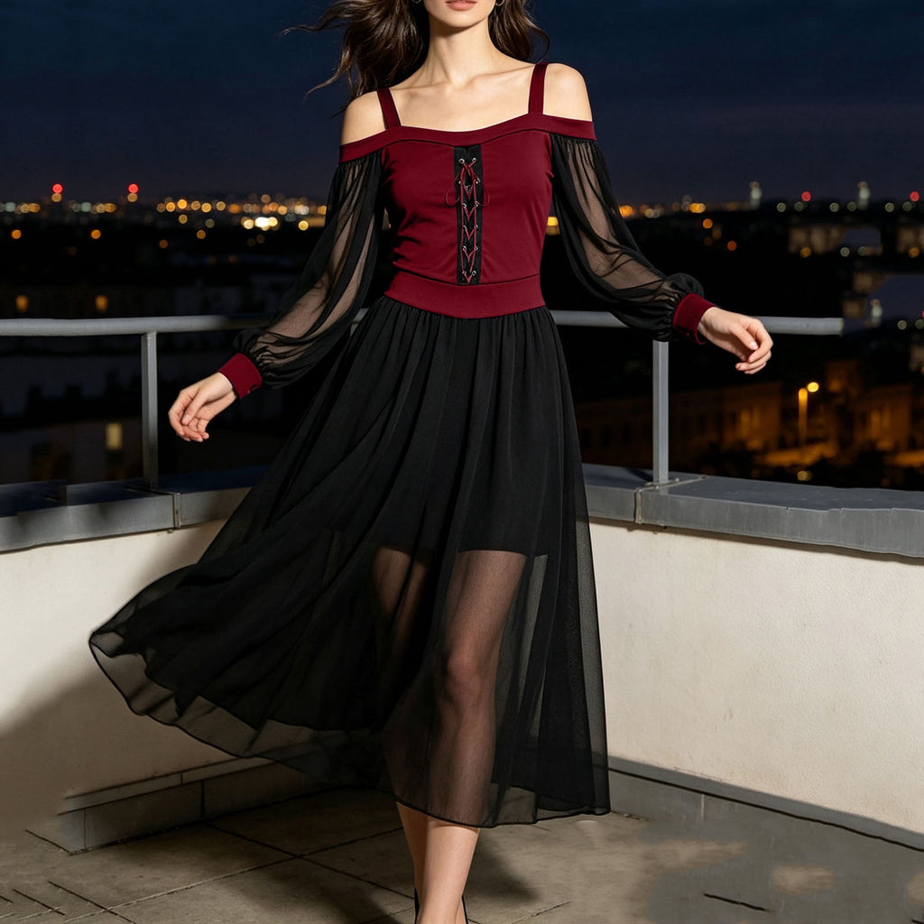 JOANKDMI Women's Gothic Midi Dress Elegant Vampire Costume Cold Shoulder Sheer Long Sleeve Lace-up Corset for Roleplay Halloween Party Outfit Chic, S-3XL