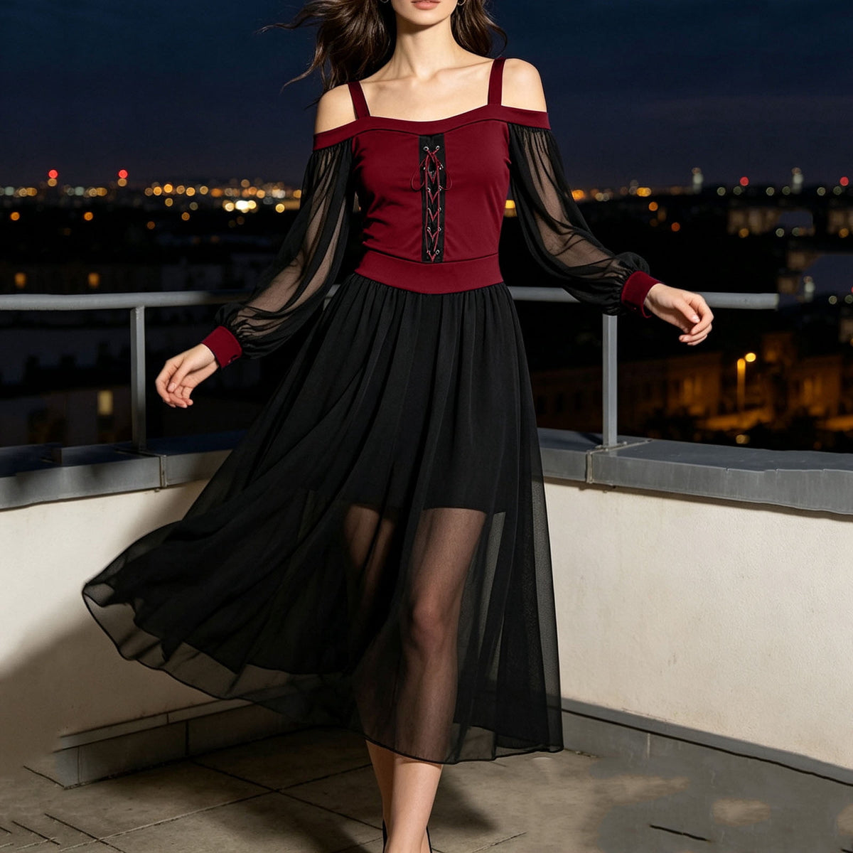 JOANKDMI Women's Gothic Midi Dress Elegant Vampire Costume Cold Shoulder Sheer Long Sleeve Lace-up Corset for Roleplay Halloween Party Outfit Chic, S-3XL