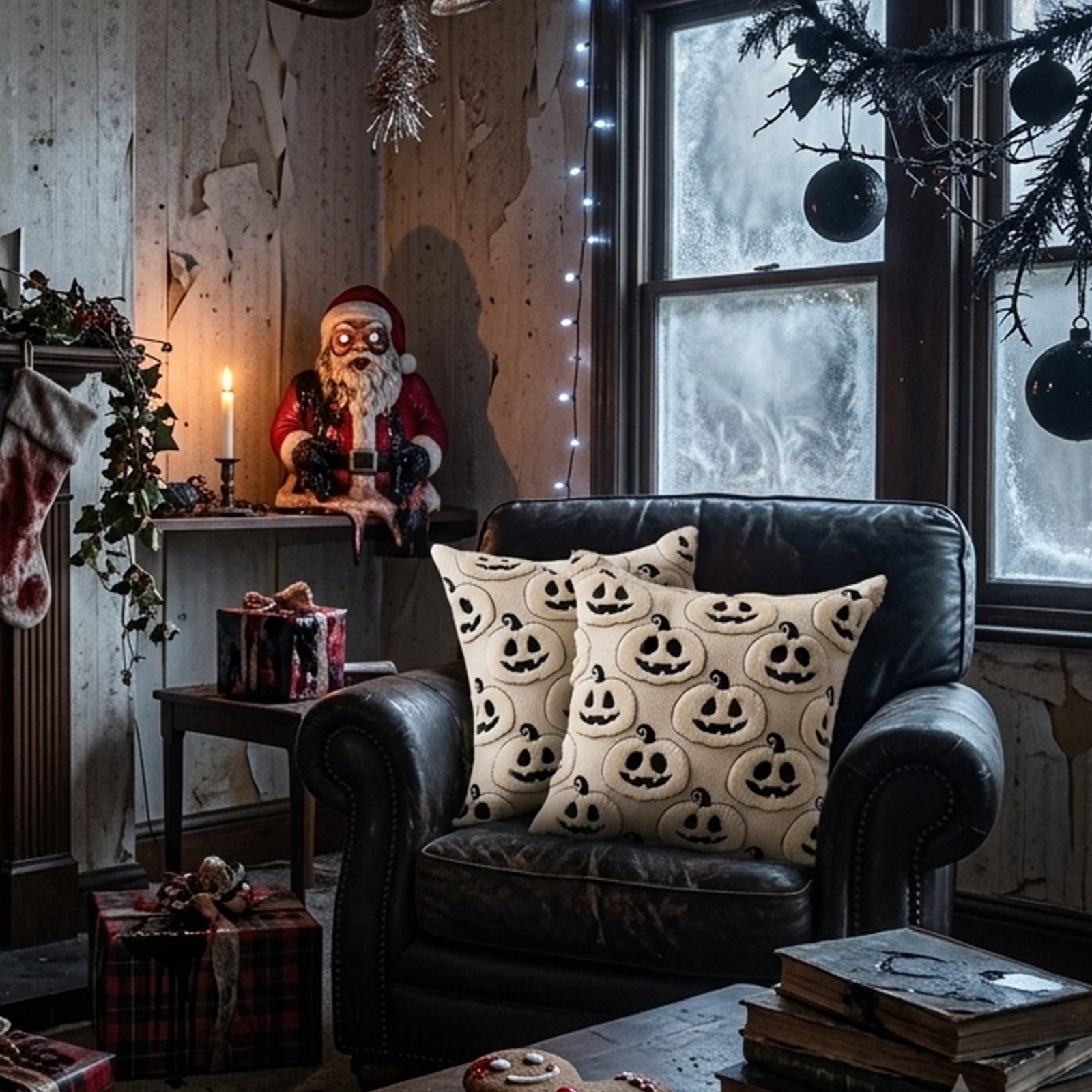 Halloween Ghost Reading Book Throw Pillow Cover, Spooky Library Bookshelf Skull Candlestick Decorative Pillowcase, Retro Halloween Cushion Cover